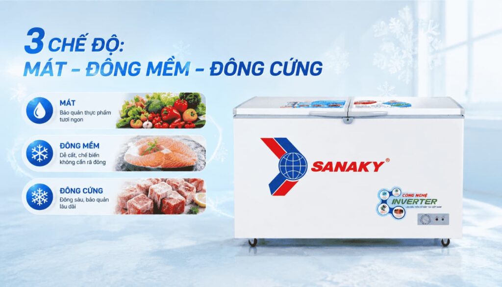 3 chế độ làm lạnh tủ đông Sanaky VH-4099A3 mát đông mềm đông cứng