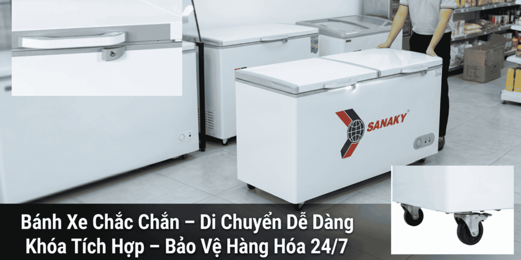 Tủ đông Sanaky VH-8699HY3 bánh xe di chuyển linh hoạt và khóa tích hợp an toàn